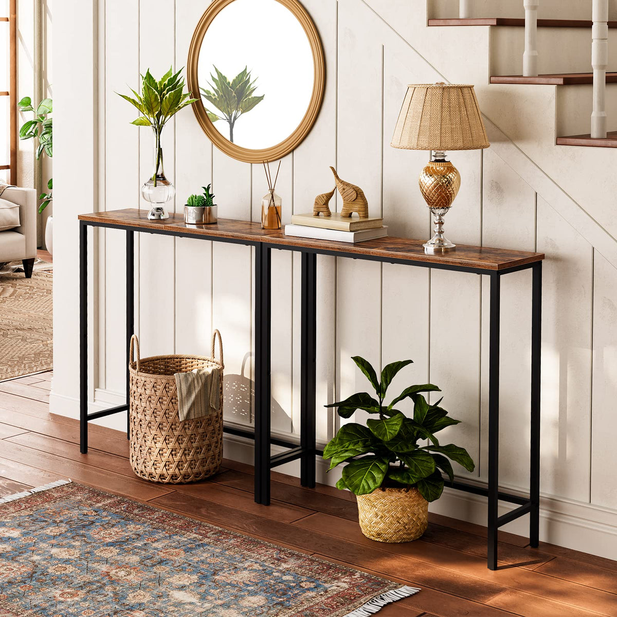 Narrow Console Table, Rustic Brown and Black M11619