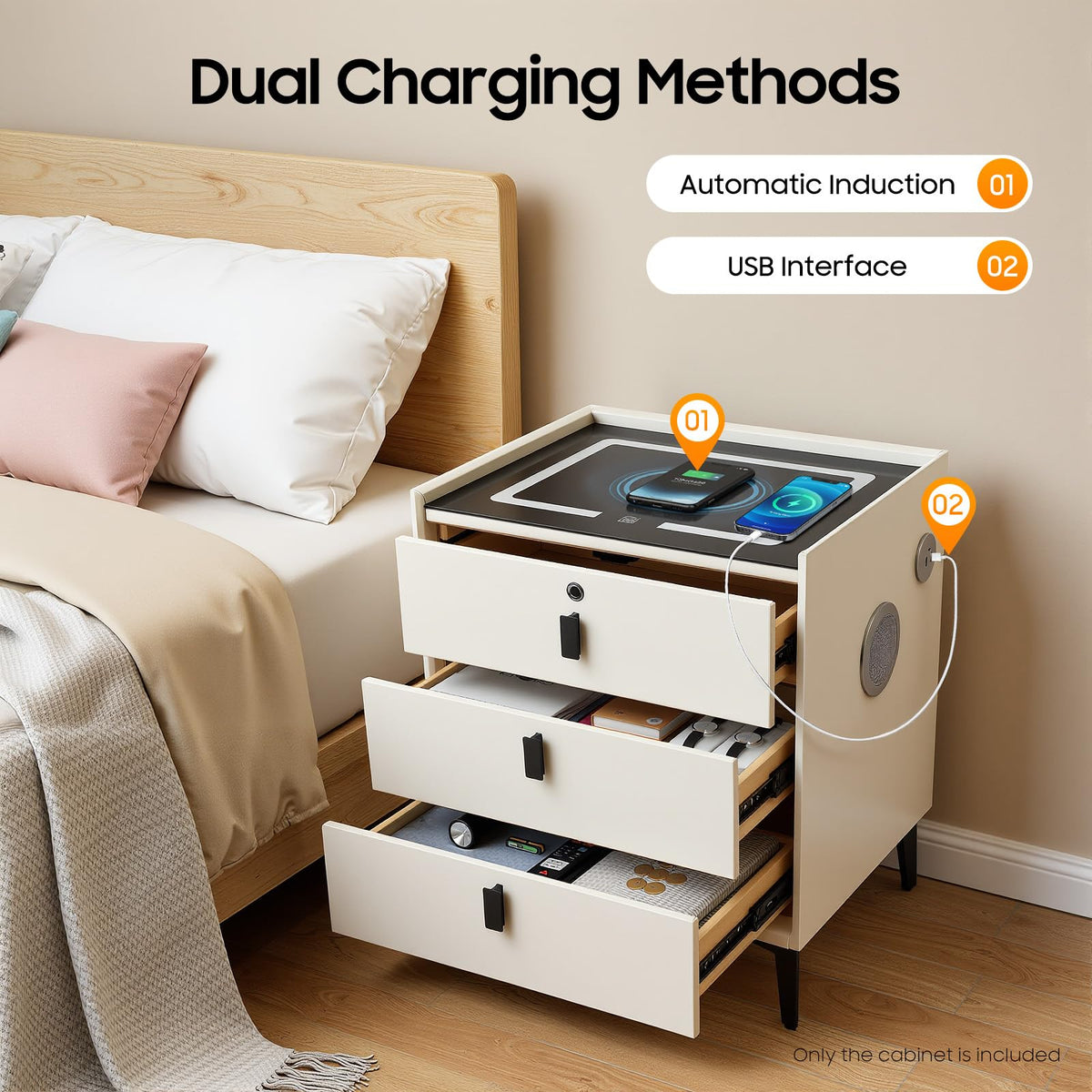 3 Drawer Smart Nightstand with Bluetooth Speaker USB Charging G286251
