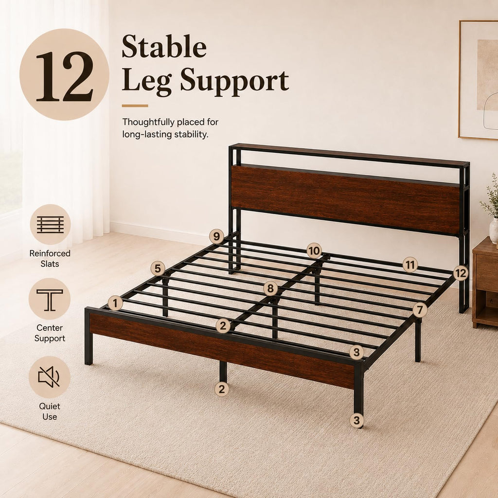 Full Size Metal Platform Bed Frame with Wood Headboard and Footboard K754