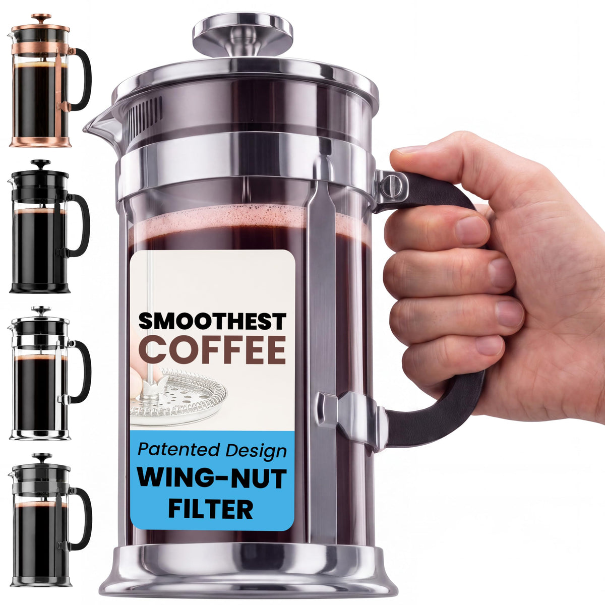 French Press Coffee Maker 34oz Chrome Borosilicate Glass J3179