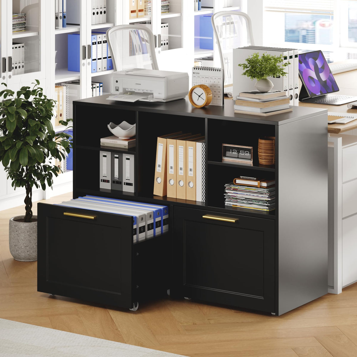 Black 2 Drawer Lateral File Cabinet with Open Storage Cubes I53628