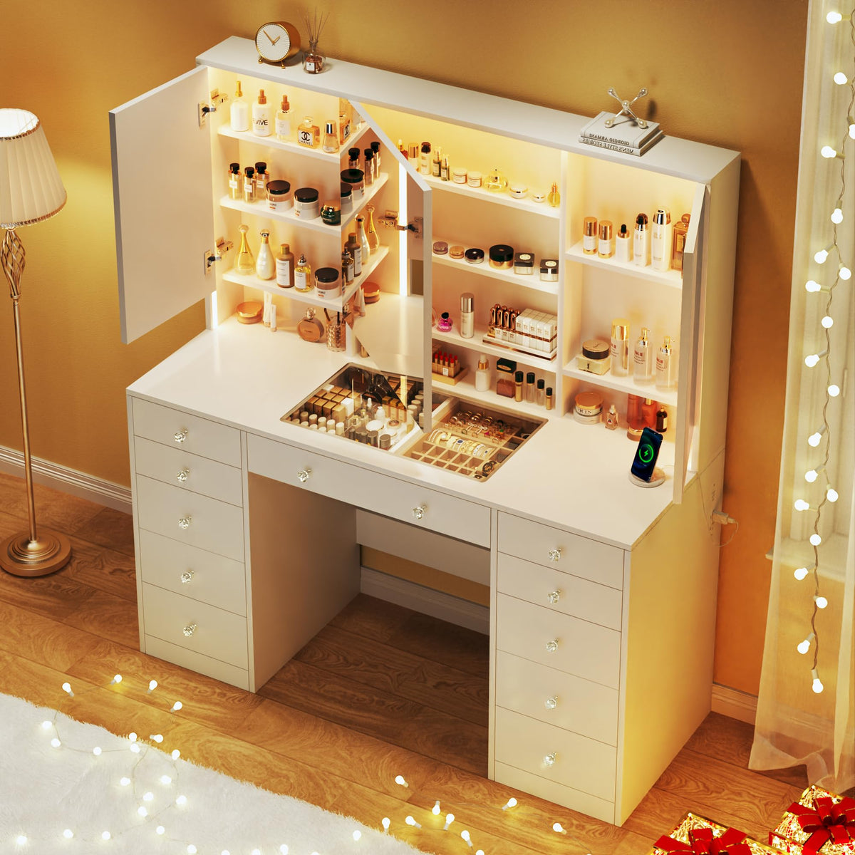 50'' White Glass Top Makeup Vanity with 11 Drawers and LED Mirror P775