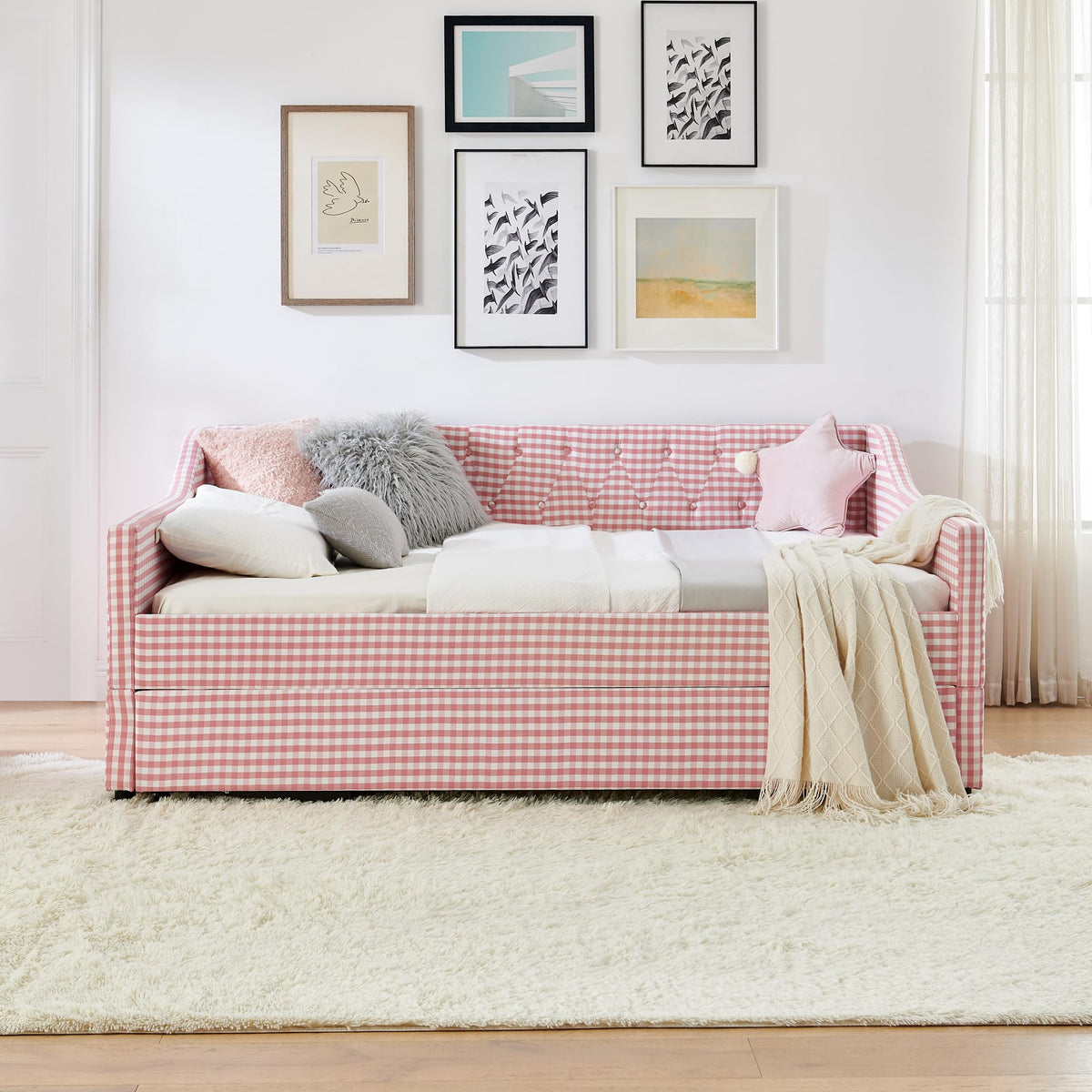 Full Size Upholstered Daybed with Trundle and Side Pocket S619
