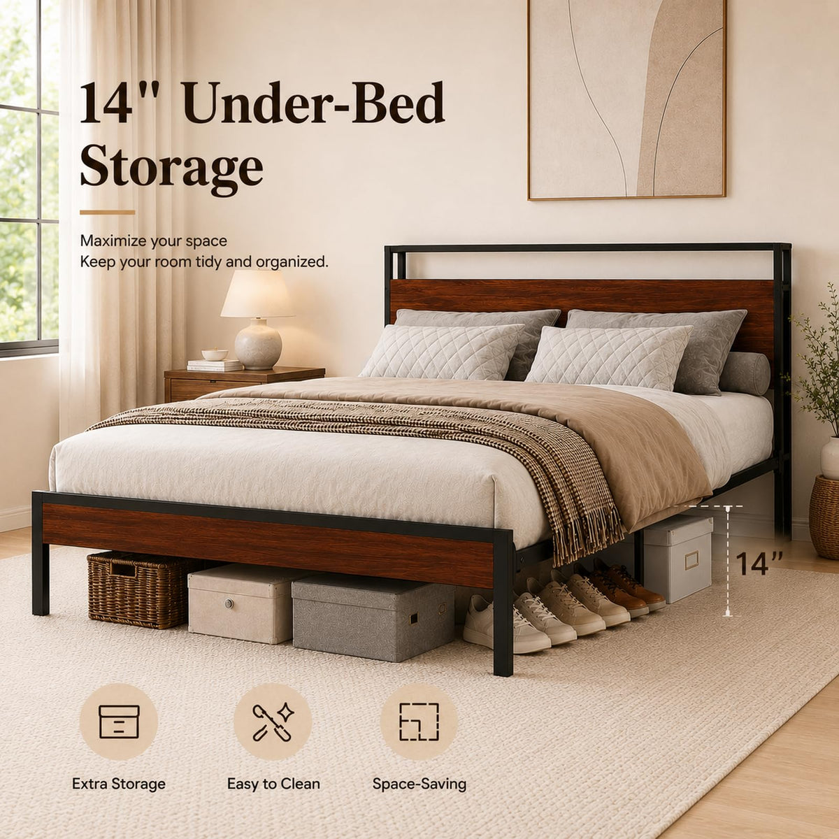 Full Size Metal Platform Bed Frame with Wood Headboard and Footboard K754