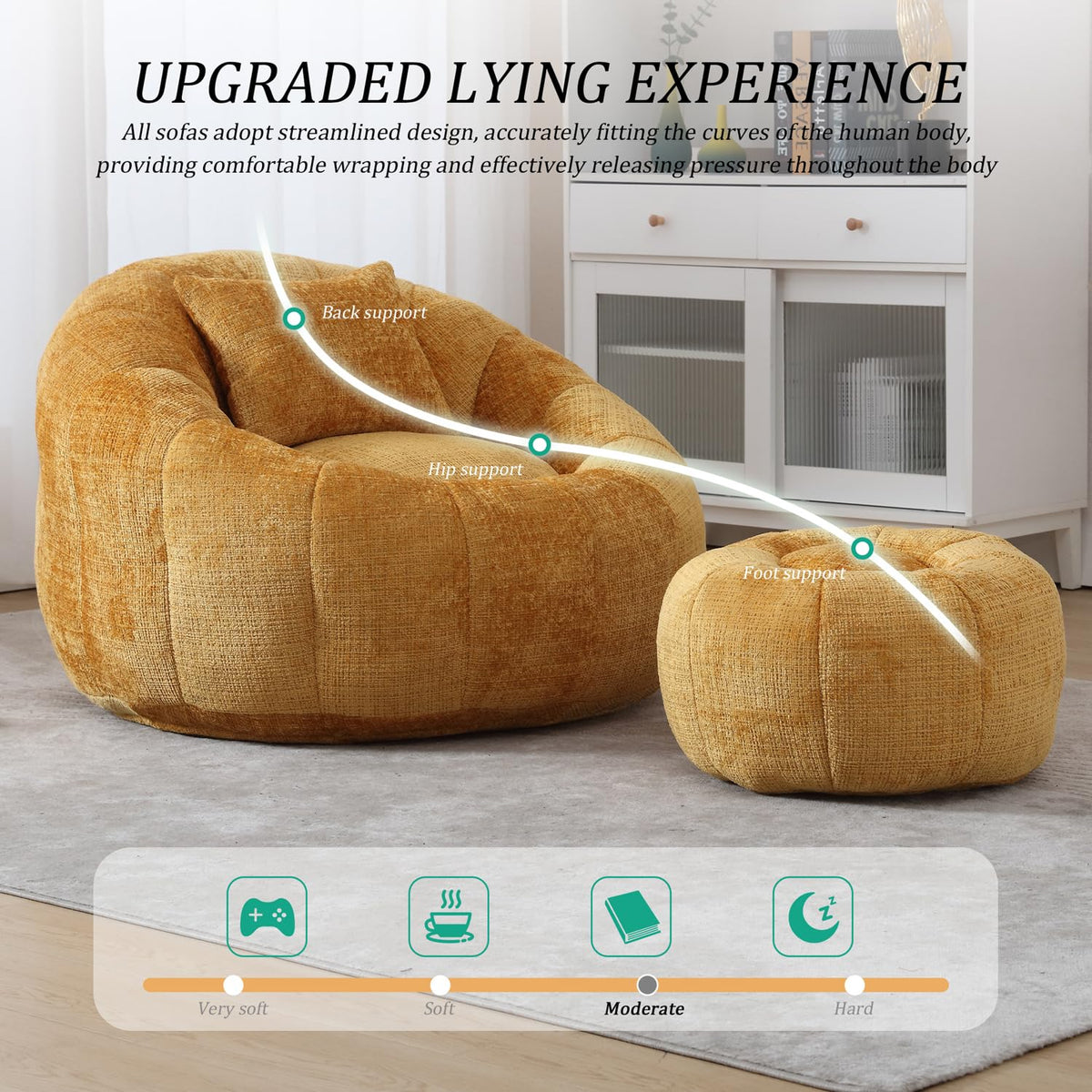 Yellow Chenille Memory Foam Bean Bag Chair with Ottoman B7404