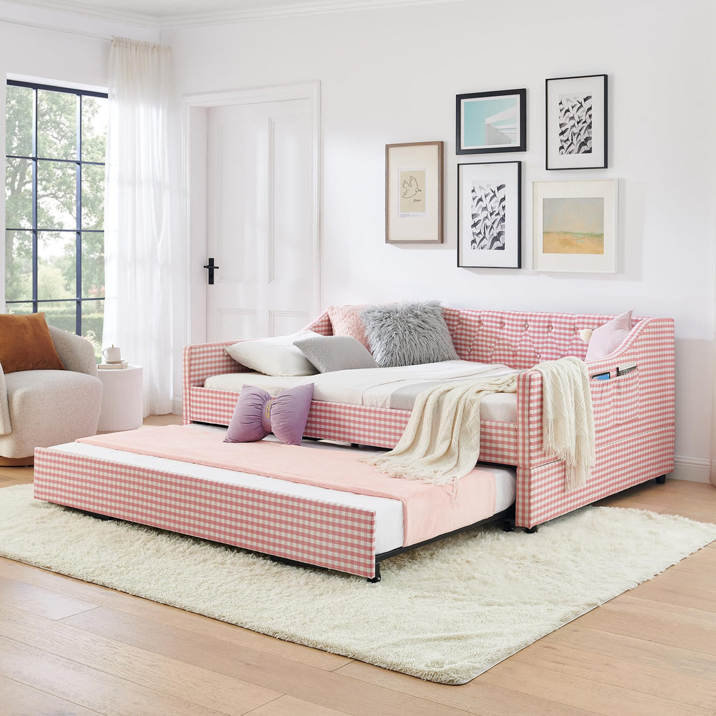 Full Size Upholstered Daybed with Trundle and Side Pocket S619