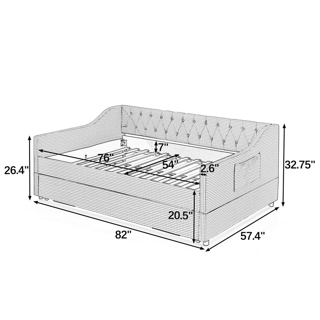 Full Size Upholstered Daybed with Trundle and Side Pocket S619