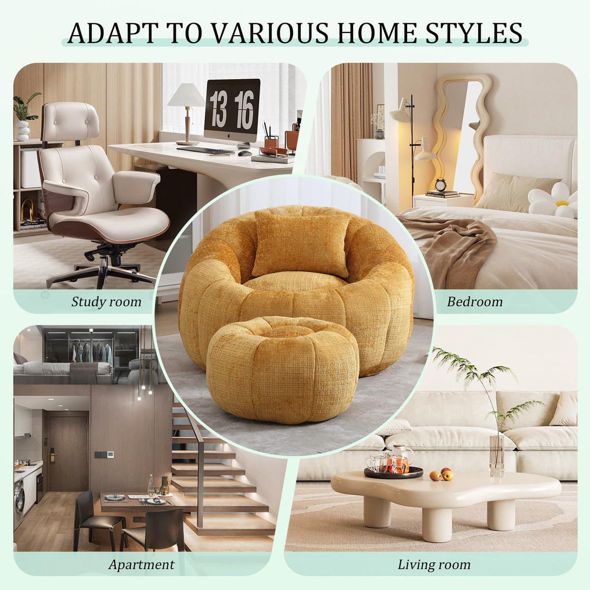 Yellow Chenille Memory Foam Bean Bag Chair with Ottoman B7404