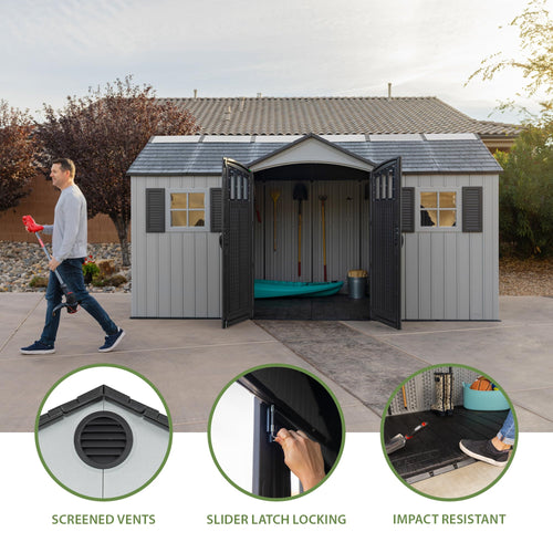 15x8 Ft Gray Resin Outdoor Storage Shed with Lockable Doors A8801