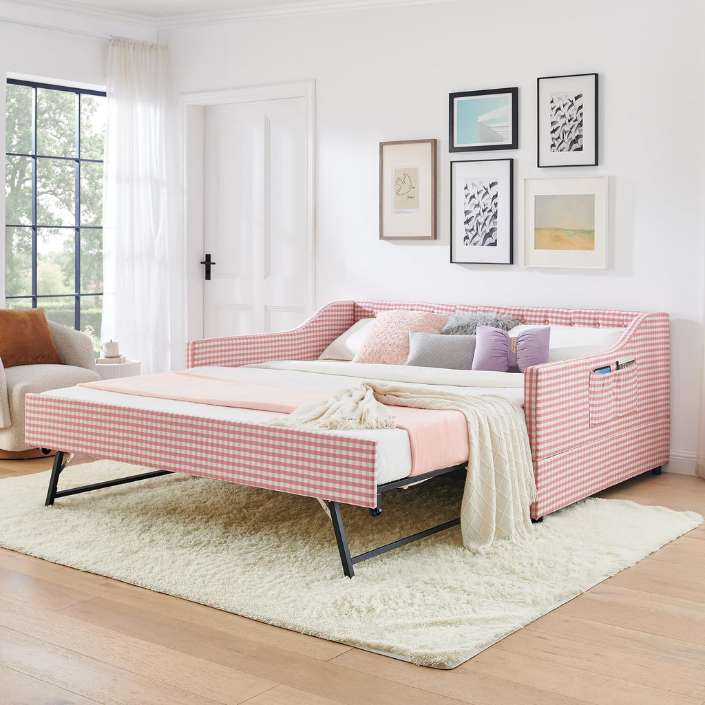 Full Size Upholstered Daybed with Trundle and Side Pocket S619
