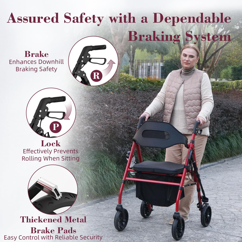 Foldable Rollator Walker with Seat, 8" Wheels, Red I98517