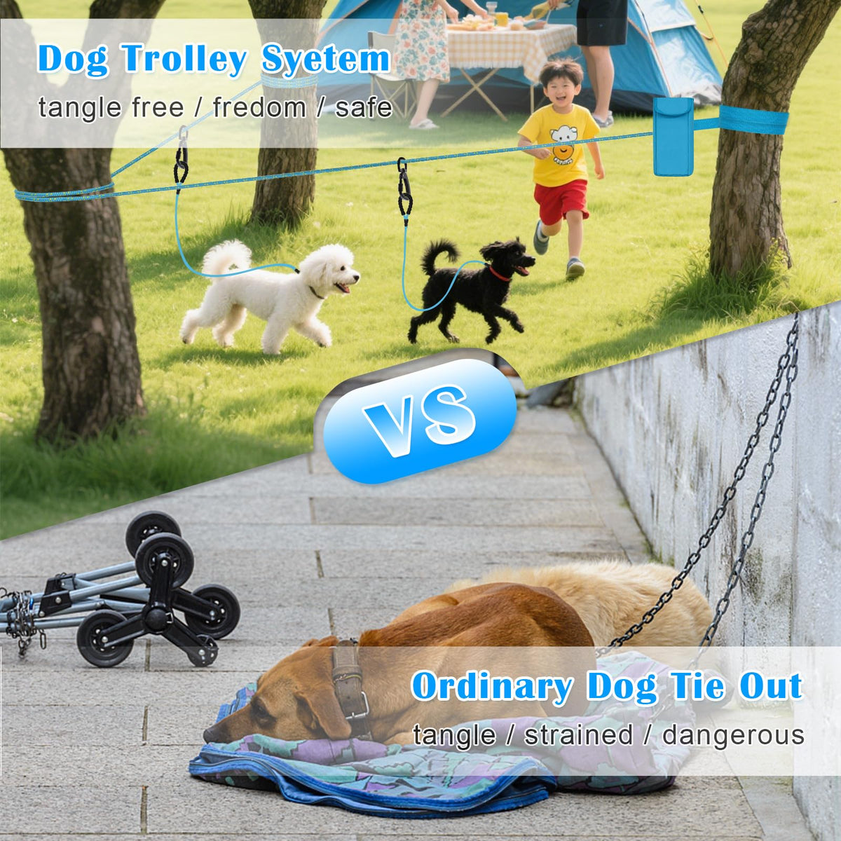 100FT Portable Dog Tie Out Cable for 2 Dogs F9626