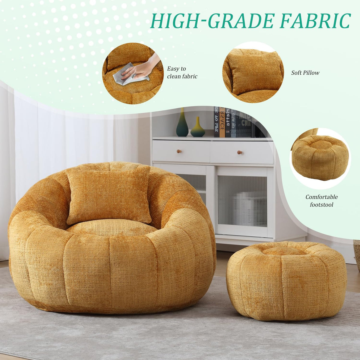 Yellow Chenille Memory Foam Bean Bag Chair with Ottoman B7404