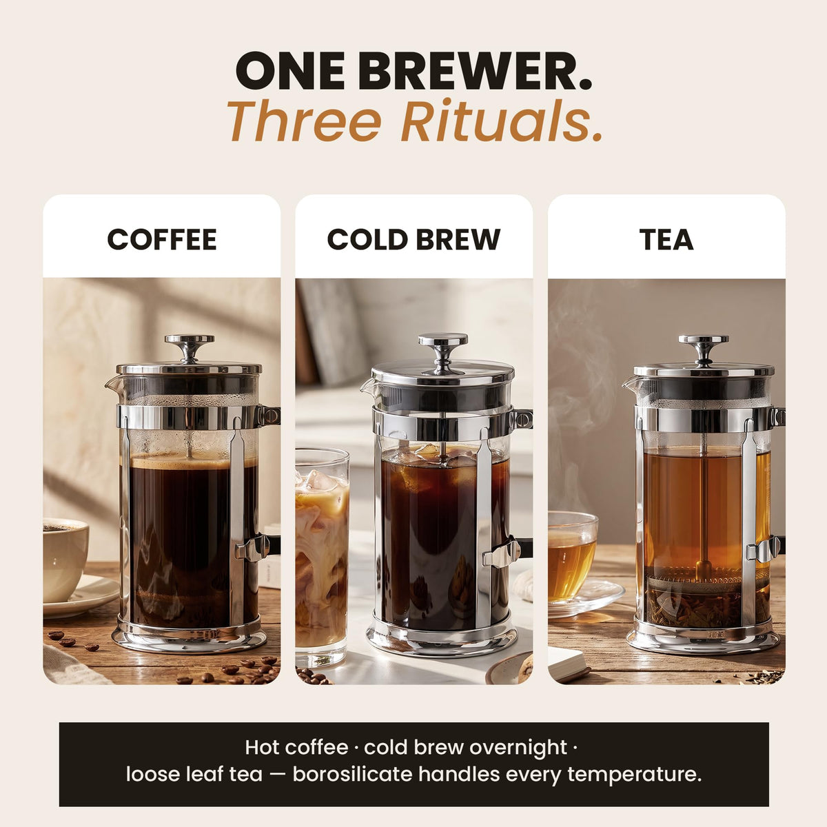 French Press Coffee Maker 34oz Chrome Borosilicate Glass J3179