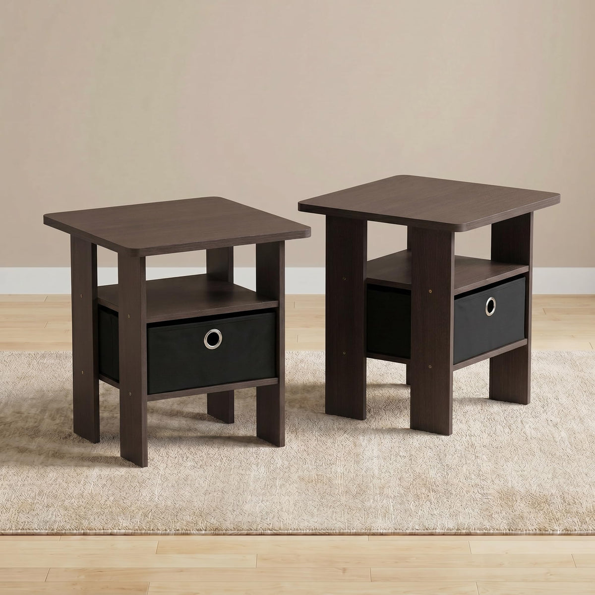 Brown Set of 2 Side Table with Storage Bin Drawer O8277