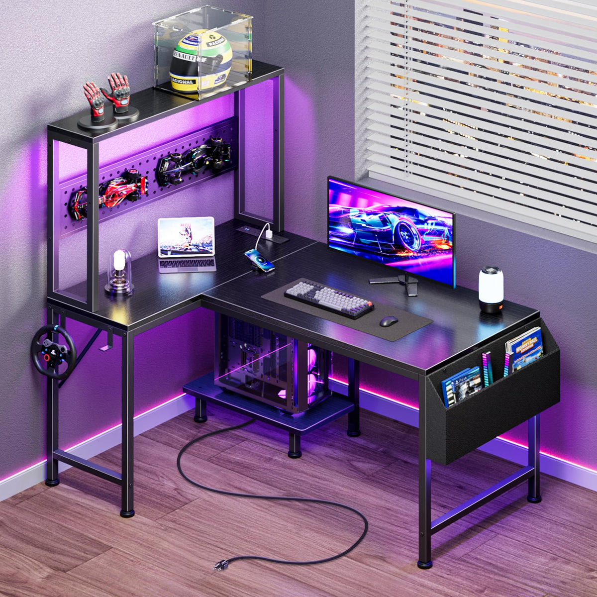L Shaped Gaming Desk with LED Lights & Power Outlets K555
