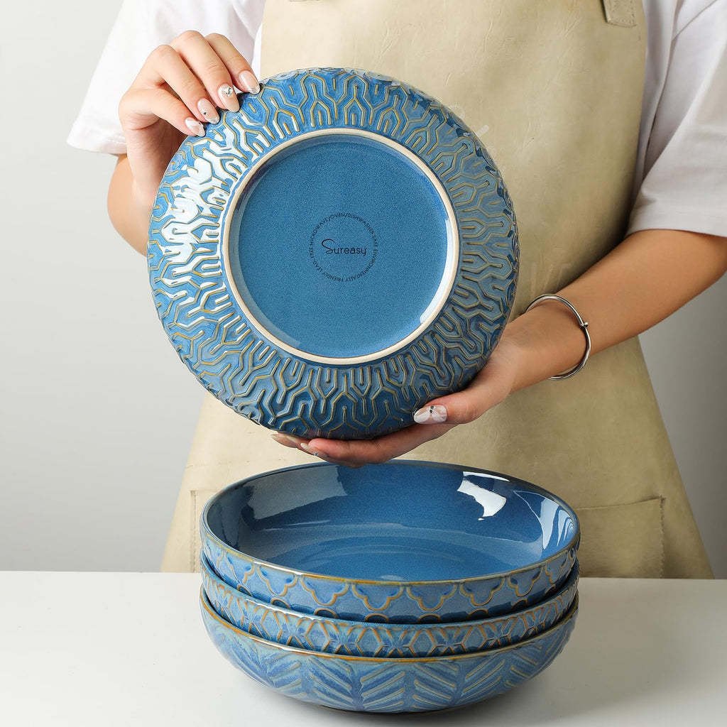 Blue 30oz Embossed Pasta Bowls Set of 4 K373