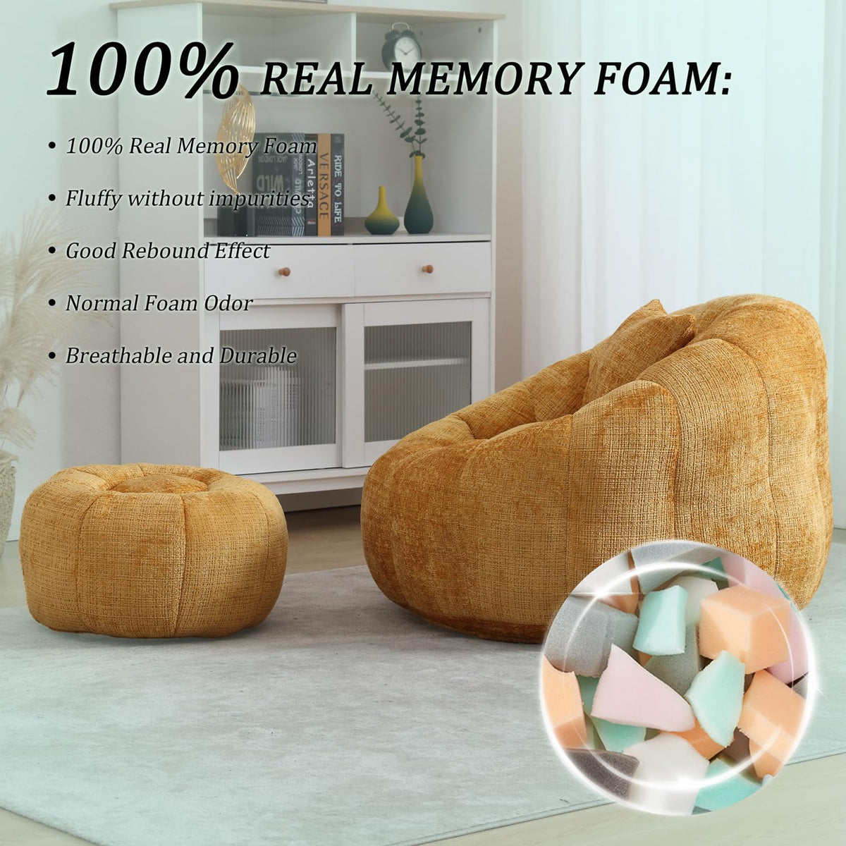 Yellow Chenille Memory Foam Bean Bag Chair with Ottoman B7404