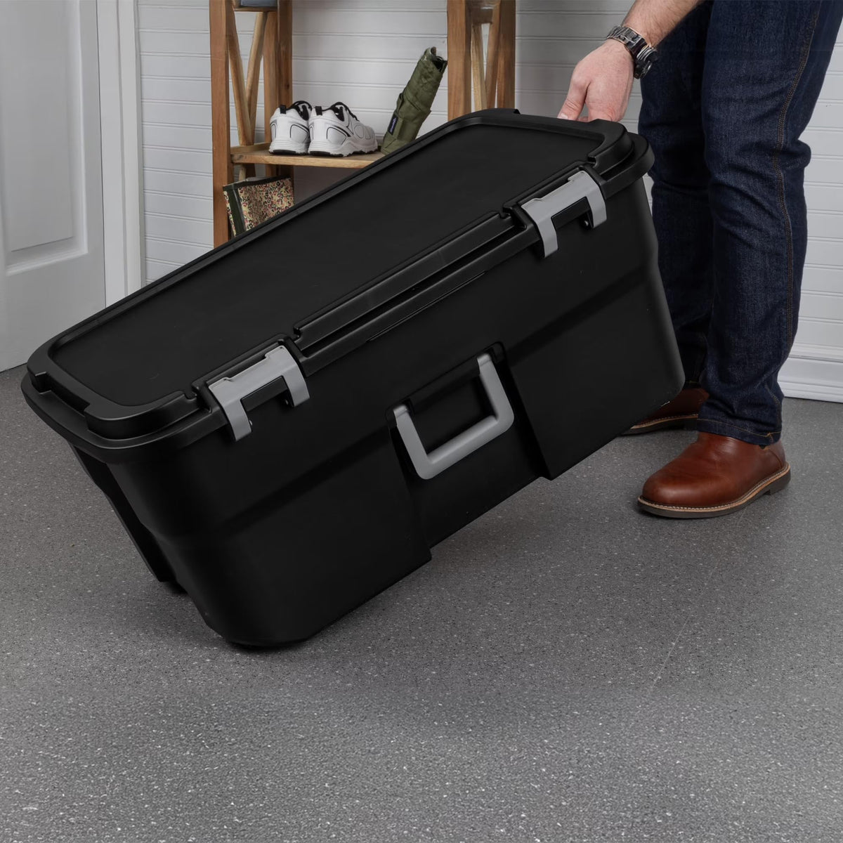 22 Gallon Black Wheeled Plastic Storage Trunk with Lids F632