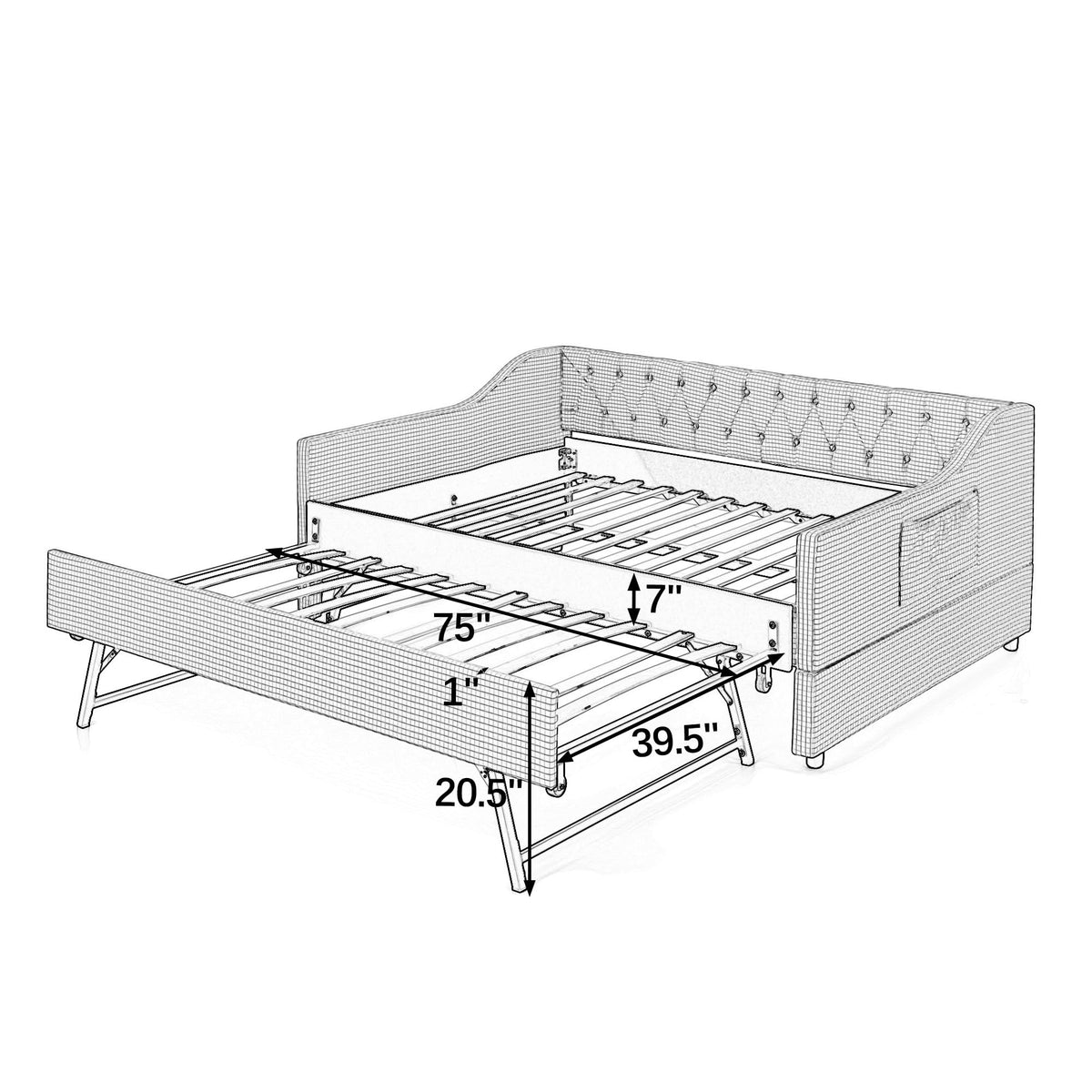 Full Size Upholstered Daybed with Trundle and Side Pocket S619