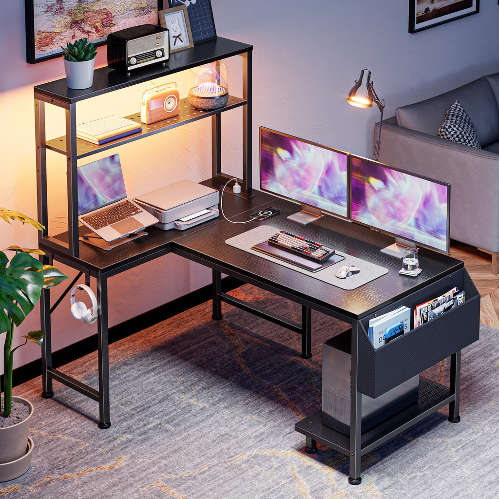 L Shaped Gaming Desk with LED Lights & Power Outlets K555