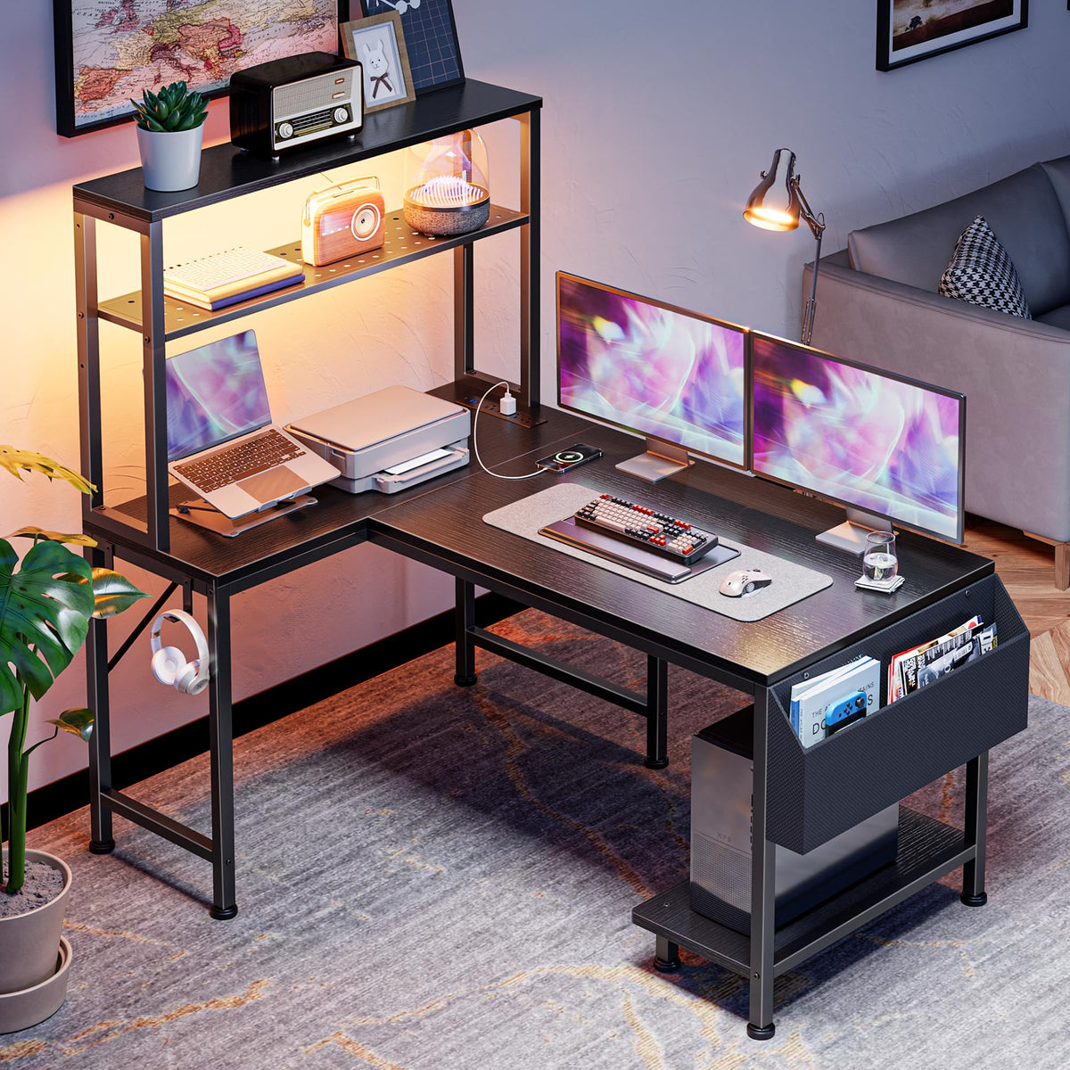 L Shaped Gaming Desk with LED Lights & Power Outlets K555