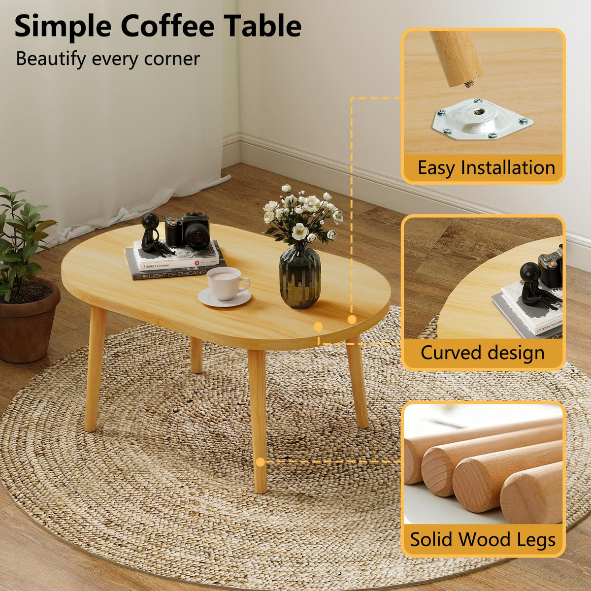 Oval Coffee Table Natural 19.7"D x 31.5"W x 16"H P957