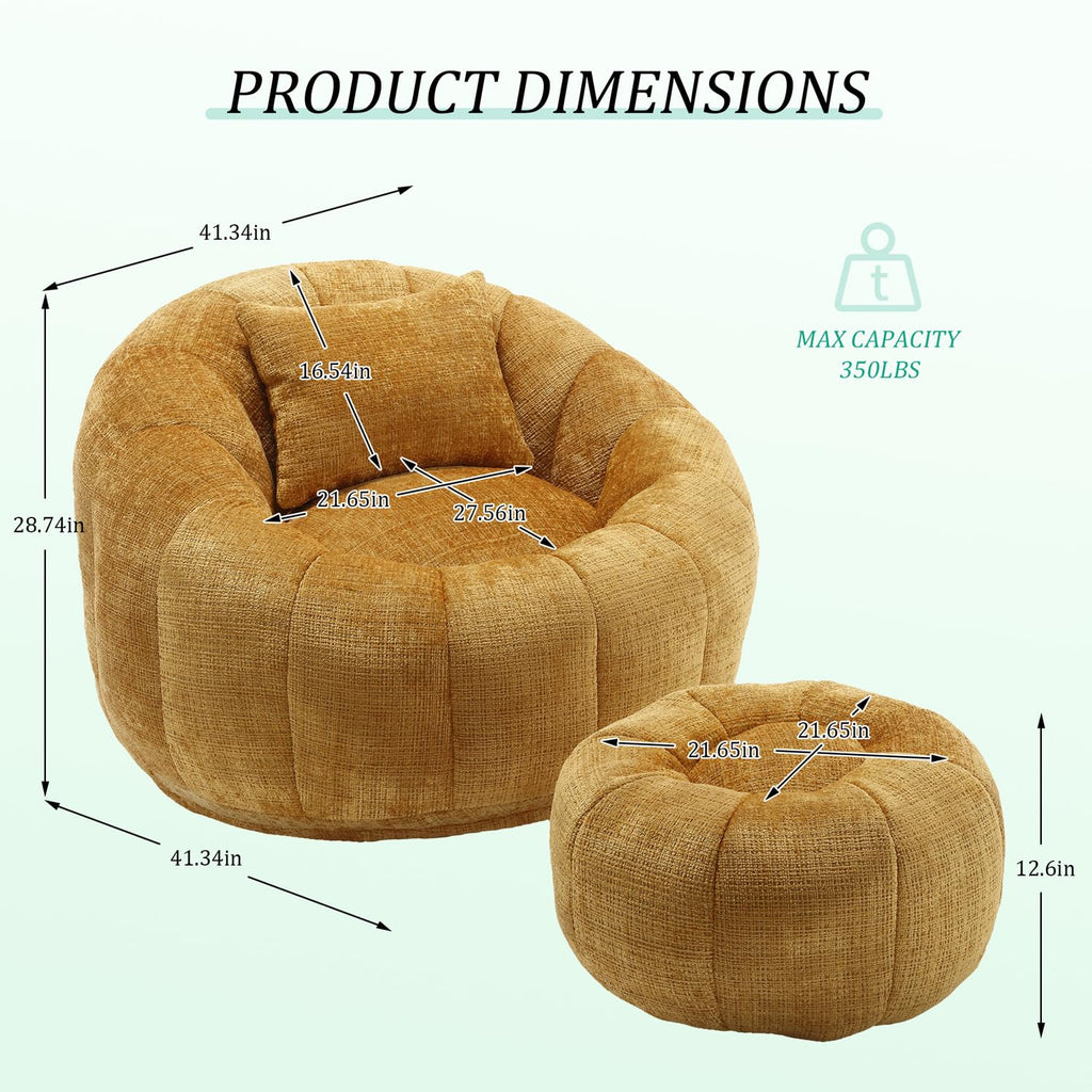 Yellow Chenille Memory Foam Bean Bag Chair with Ottoman B7404