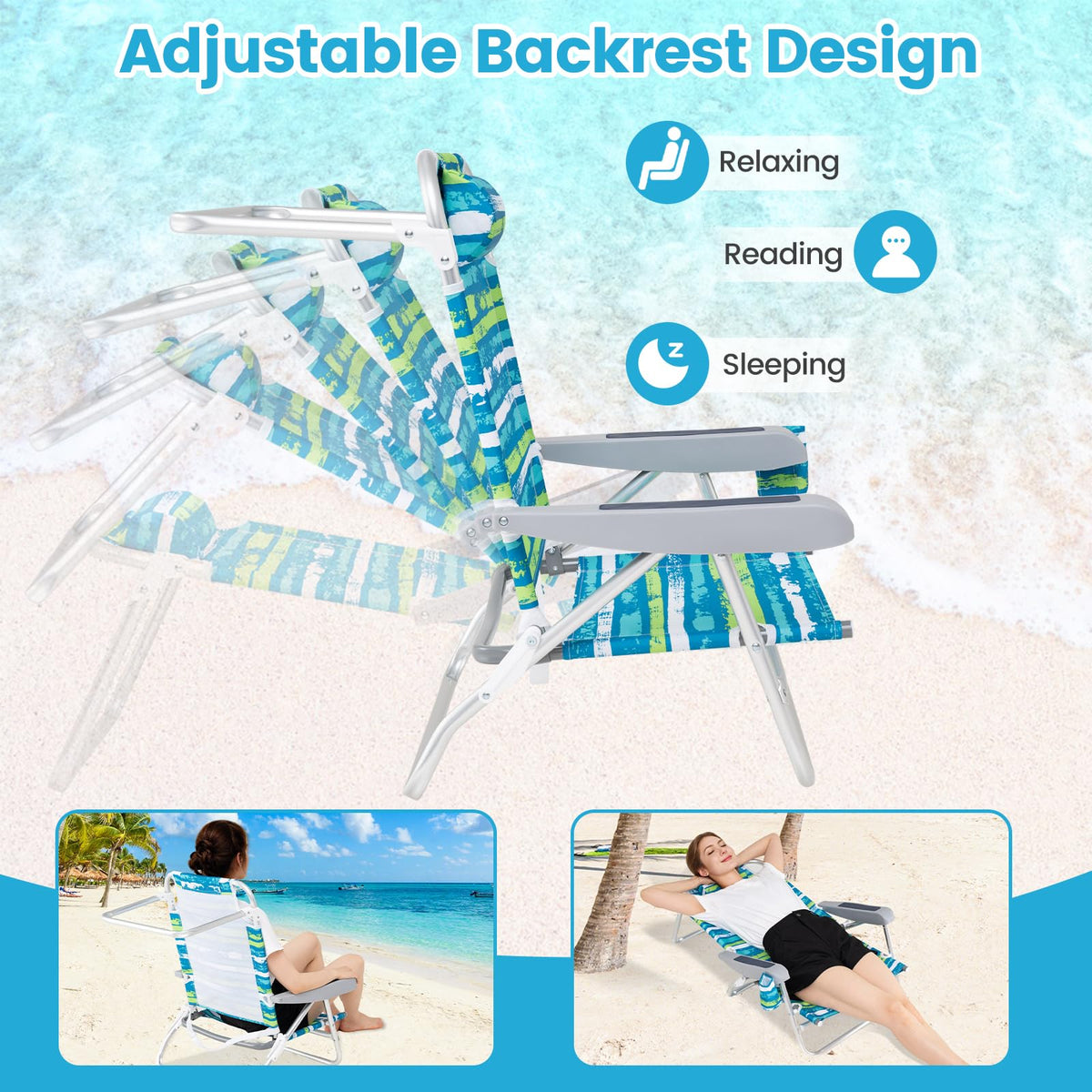 2Pcs Folding Camping Chair with Adjustable Backrest, Cup Holder & Headrest, Green C901872