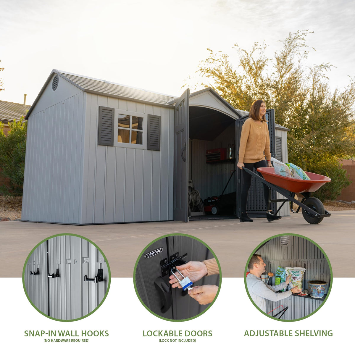 15x8 Ft Gray Resin Outdoor Storage Shed with Lockable Doors A8801