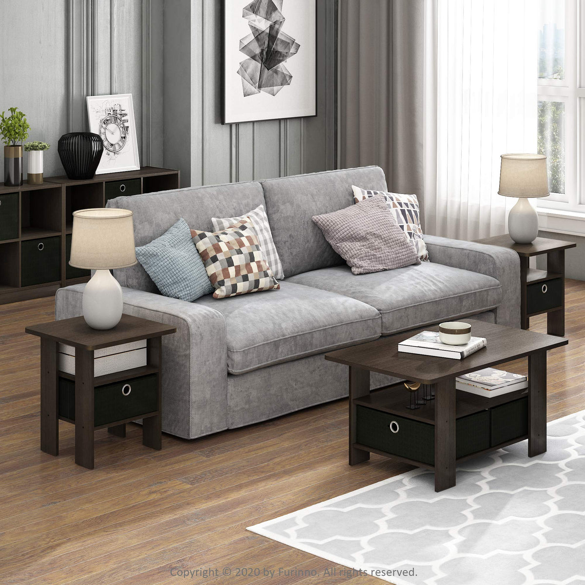Brown Set of 2 Side Table with Storage Bin Drawer O8277
